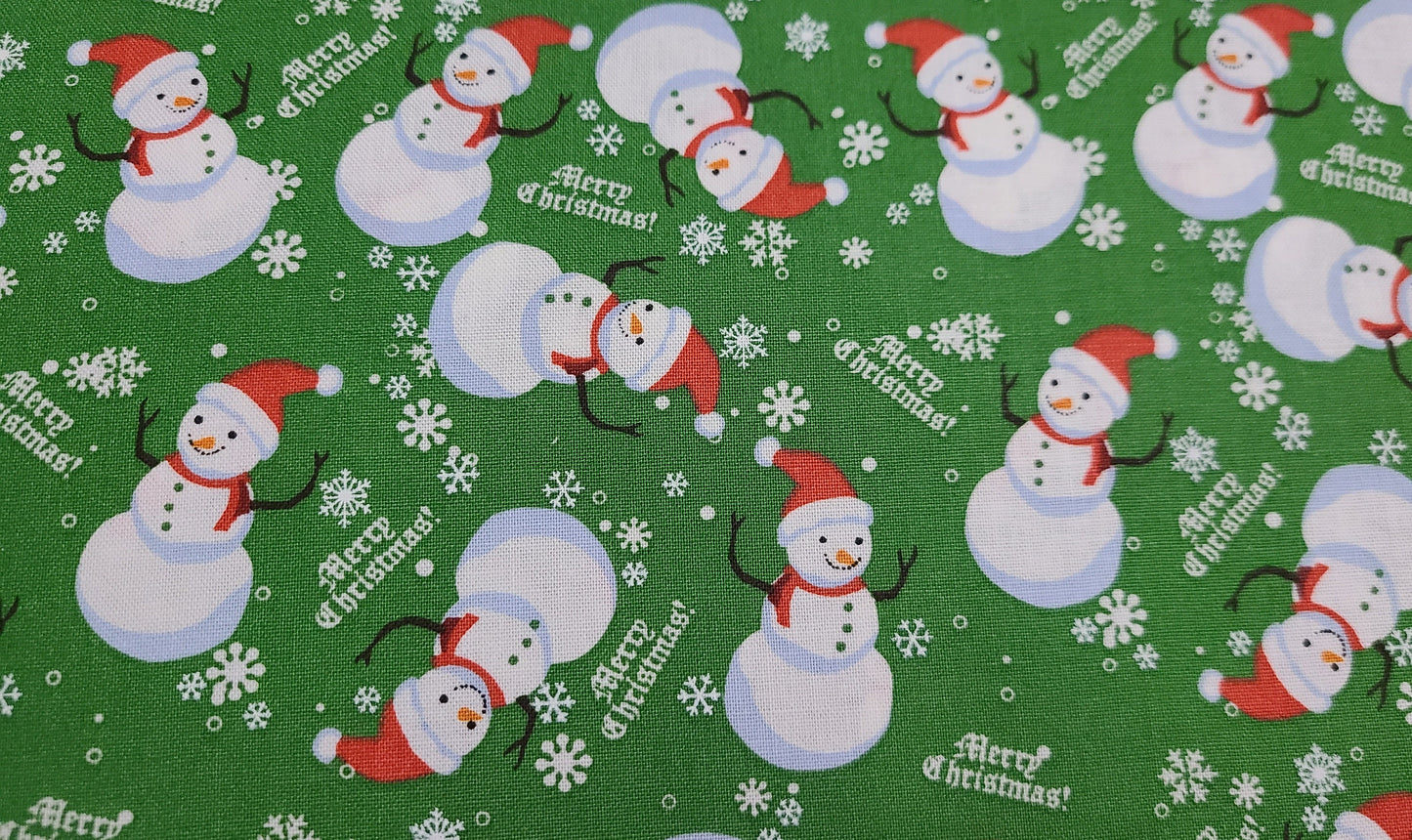 Christmas clearance fabric Snowman on green and blue 100% cotton by the yard