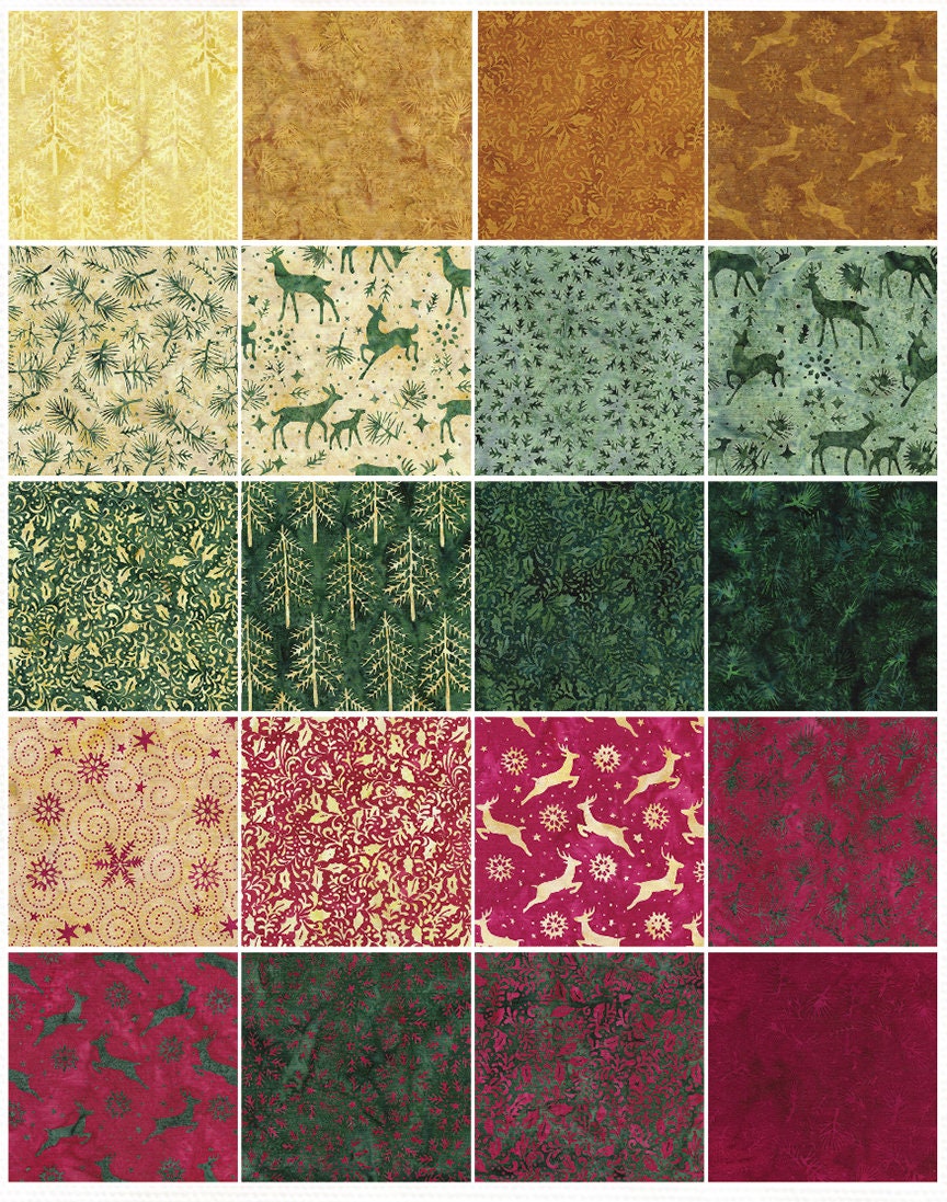 Island Batik Woodland Holiday 10″ Stack 42 pieces of fabric with 20 different designs 100% cotton Batik fabric