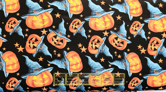 Jack-O-Lantern clearance  allover  on black Halloween 100% Cotton Fabric By the yard